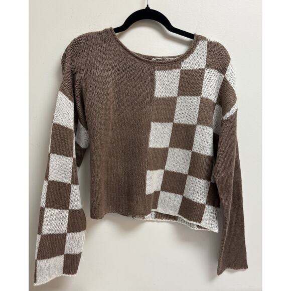Blu Pepper Women’s Sweater Small Brown White Checkered Knit Long Sleeve Cropped - Picture 1 of 4